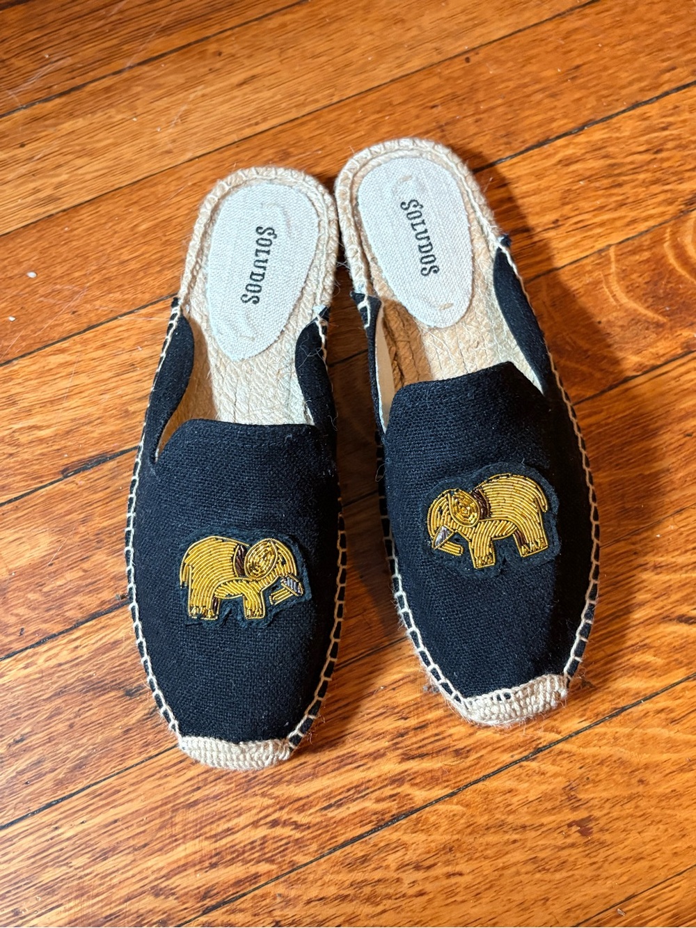Soludos Gold Beaded Elephant Mule Slip On Slides Black Women's 5.5